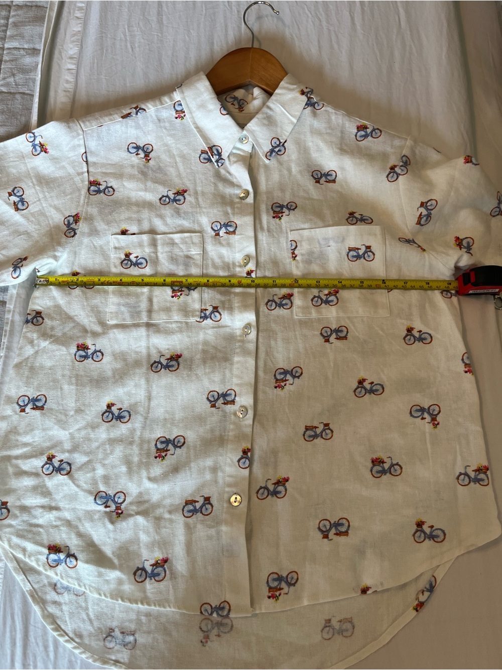 Rae Dunn White Short-Sleeve Button-Down Shirt with Blue and Orange Bike Print - Picture 6 of 7